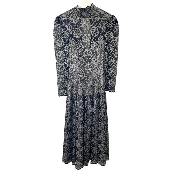Scott McClintock Vintage 80s Floral Lace Overlay Drop Waist Midi Dress Sz‎ S - Picture 1 of 12